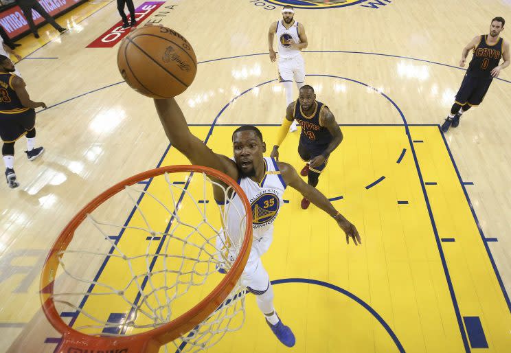 Technically, LeBron James is trailing Kevin Durant here. (AP)