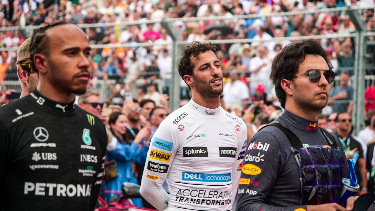 Lewis Hamilton of Mercedes, Daniel Ricciardo of McLaren and Sergio Perez of Red Bull in a still from 