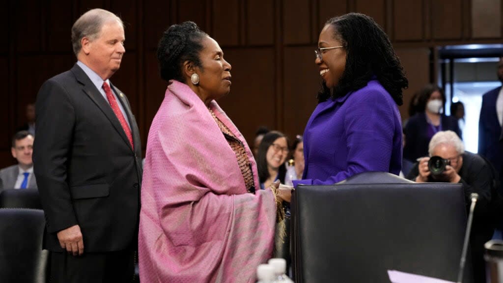 U.S. Supreme Court nominee Judge Ketanji Brown Jackson (R) greets Rep. Sheila Jackson Lee (D-TX) during her confirmation hearing before the Senate Judiciary Committee in the Hart Senate Office Building on Capitol Hill March 21, 2022 in Washington, DC. (Photo by Drew Angerer/Getty Images)