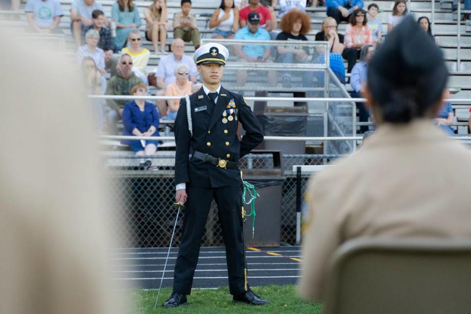 Graduating Executive Officer Woodward Tran at the Cary Academy Naval Junior ROTC Change of Command Ceremony in Cary, N.C. on Tuesday, May 17, 2022. Tran will start school at Virginia Military Institute in July.