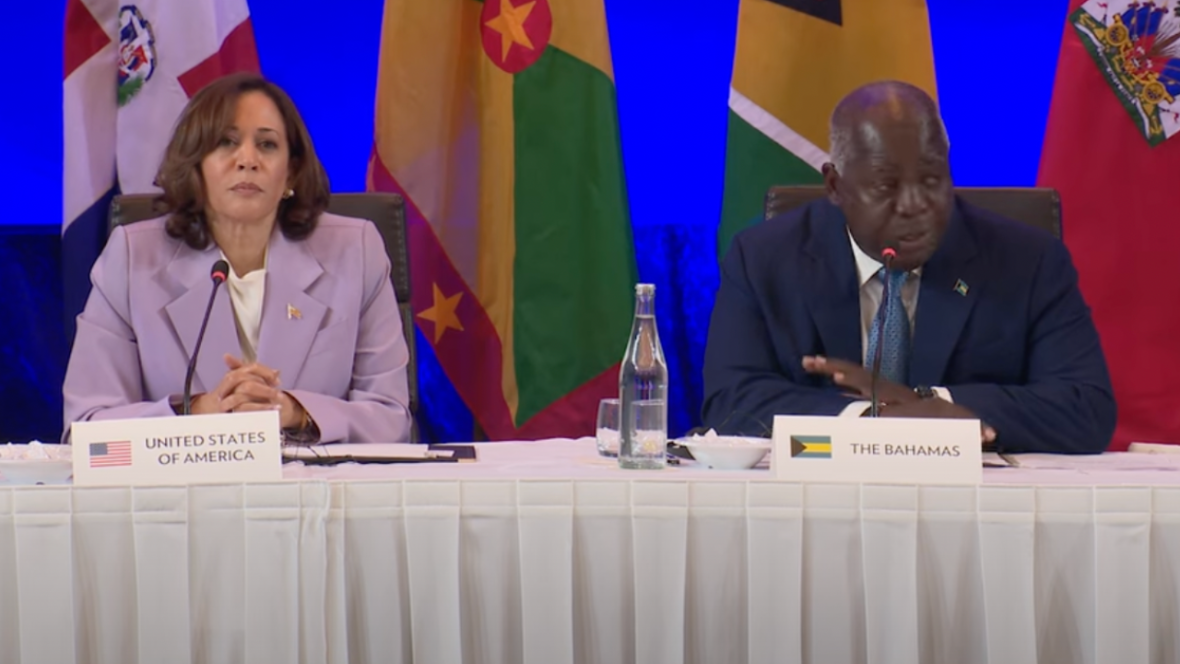 Vice President Kamala Harris (left), in Nassau, Bahamas, on Thursday, co-hosts the U.S.-Caribbean Leaders Meeting with Bahamas Prime Minister Philip Davis (right), chair of the Caribbean Community. Harris announced more than $100 million in new aid for the region. (Photo: Screenshot/YouTube.com/White House)