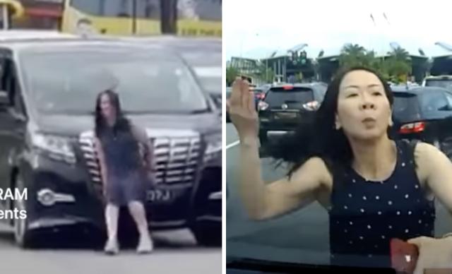 A woman allegedly involved in a road rage incident at Tuas Second Link was caught on camera in several viral videos. (SCREENSHOTS: @singapore_incidents Instagram/Mhzq Ziq Facebook)