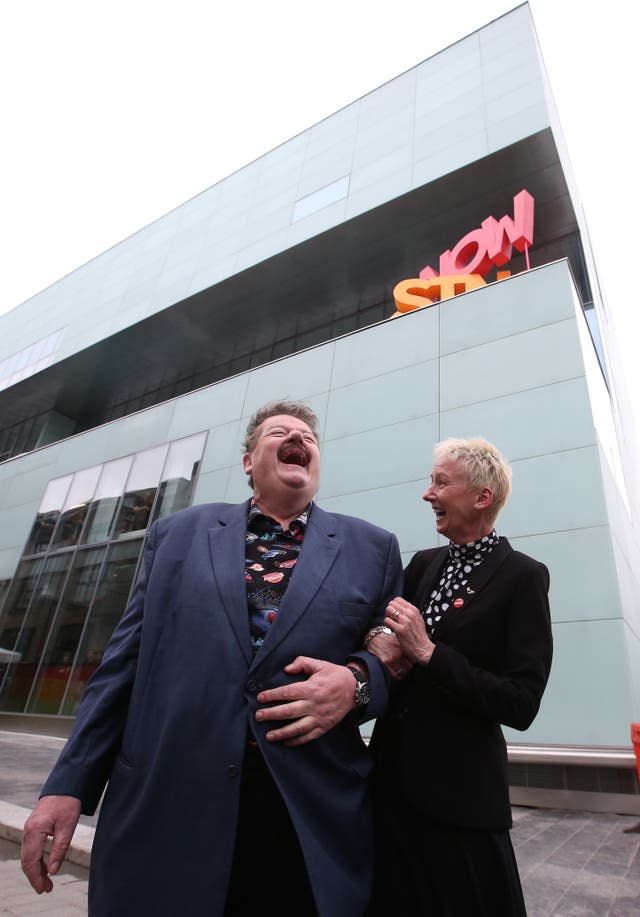 Actor Robbie Coltrane with television presenter Muriel Gray at the opening of the Glasgow School of Art's new £30 million Reid Building on 9 April 2014