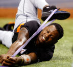 ST. PETERSBURG - JUNE 16: Infielder Hanley Ramirez #2 of the Miami Marlins stretches just before the start of the game against the Tampa Bay Rays at Tropicana Field on June 16, 2012 in St. Petersburg, Florida. (Photo by J. Meric/Getty Images)
