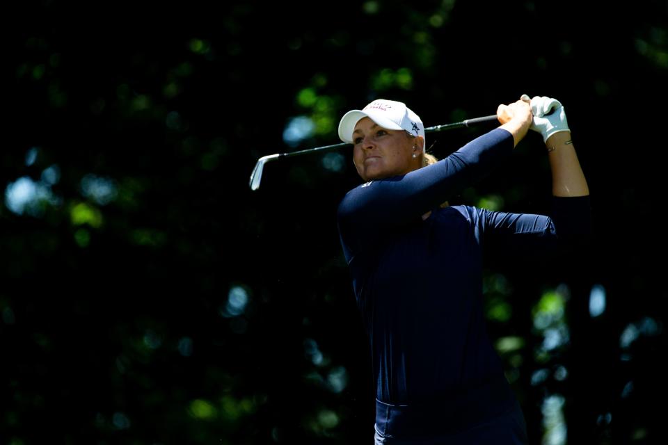 Anna Nordqvist tees off as she competes in the Meijer LPGA Classic Saturday, June 18, 2022, at Blythefield Country Club in Belmont Michigan. 