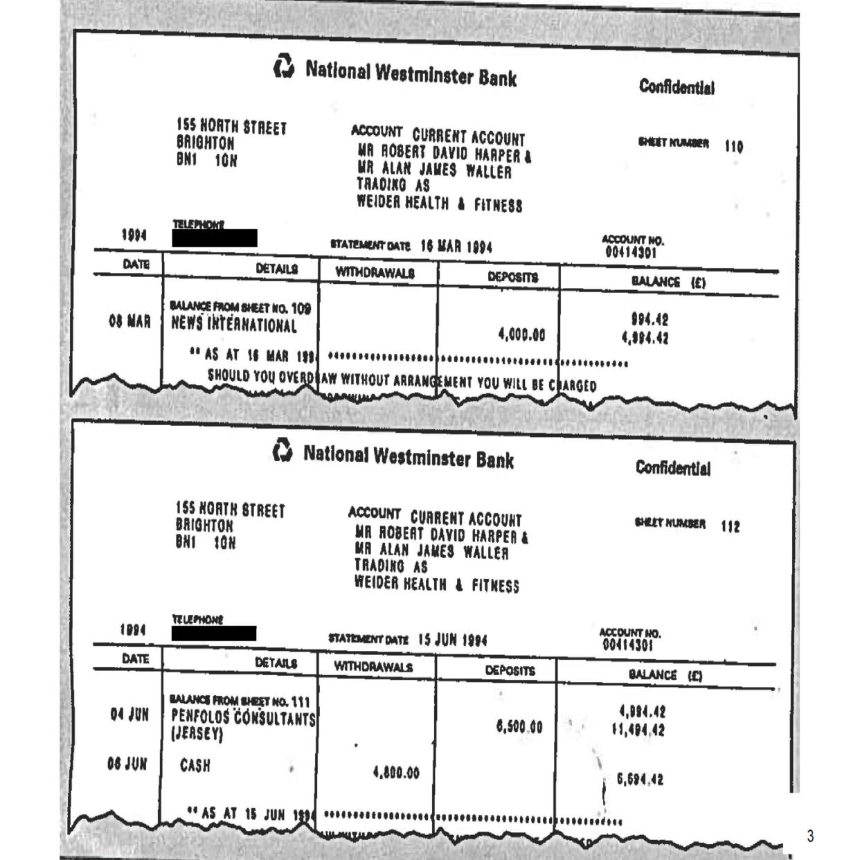 Fake bank statements relating to News International and Penfold Consultants (Jersey), as published in an Annex to Lord Dyson's independent investigation into the circumstances around the programme. Issue date: Thursday May 20, 2021.