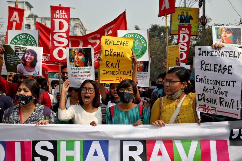 FILE PHOTO: Protest against the arrest of 22-year-old climate activist Disha Ravi, in Kolkata