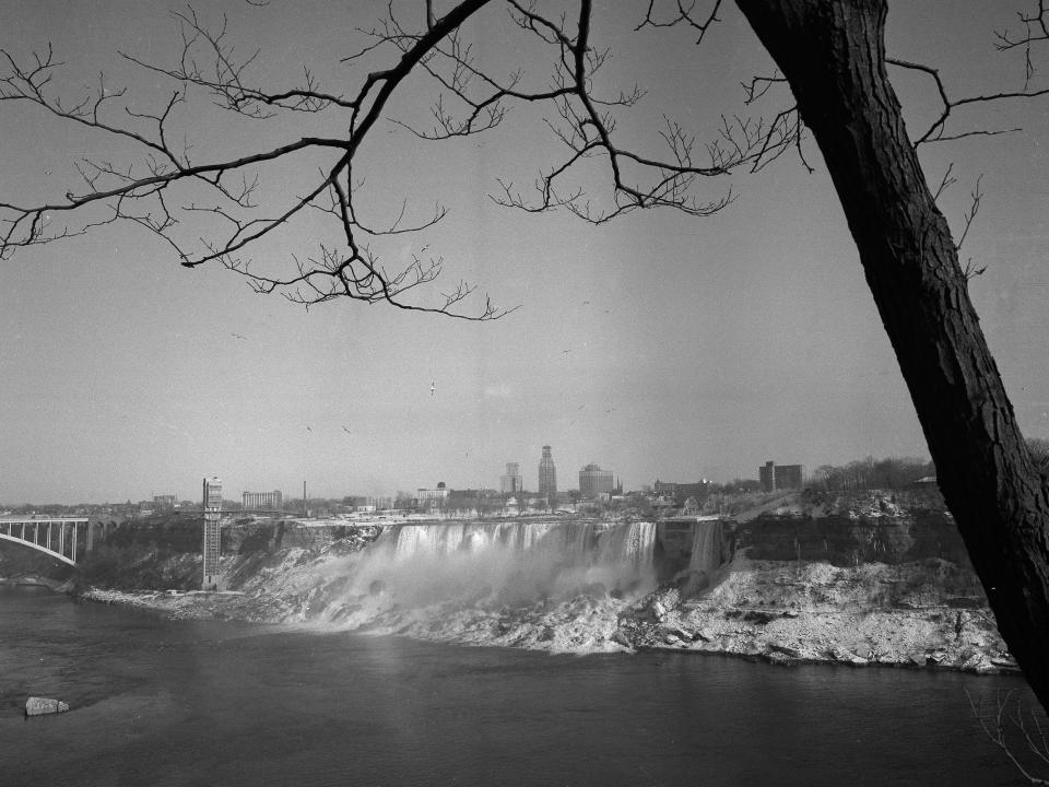 The American Falls are seen in the distance on December 10, 1969, after it was back to normal. A tree is seen in the foreground.