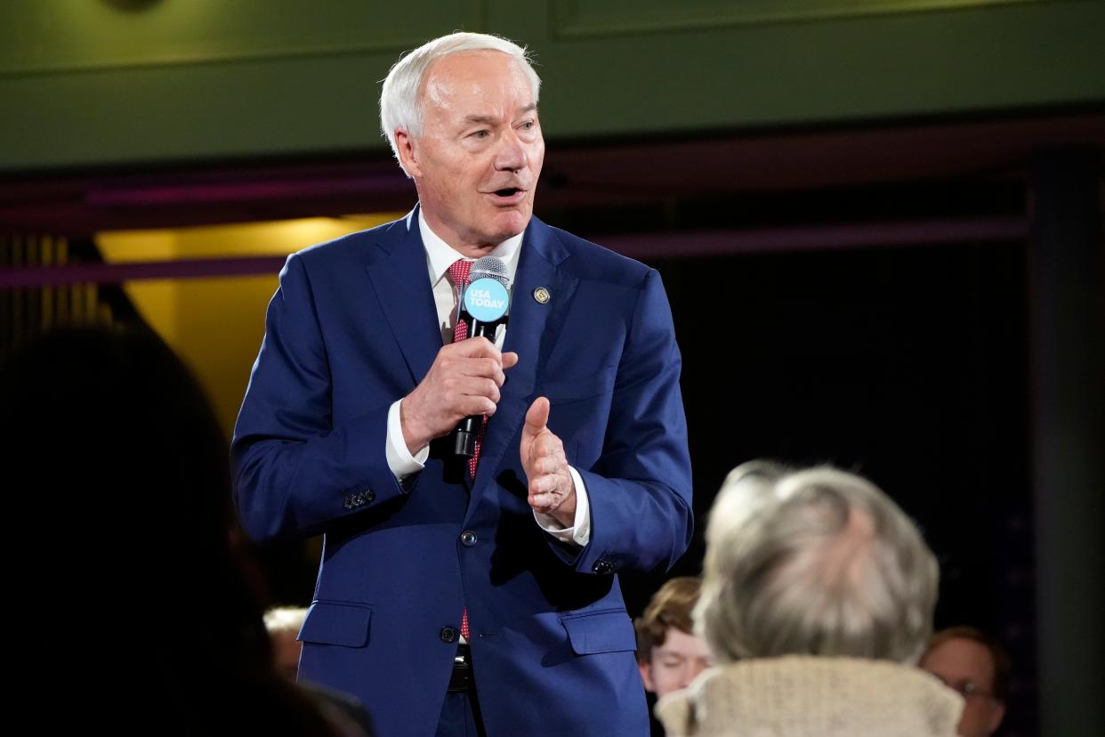 Republican presidential candidate Asa Hutchinson speaks during the Seacoast Media Group and USA TODAY Network 2024 Republican Presidential Candidate Town Hall Forum held in the historic Exeter Town Hall in Exeter, New Hampshire. The former Governor of Arkansas spoke to prospective New Hampshire voters about issues during the hour-long form.