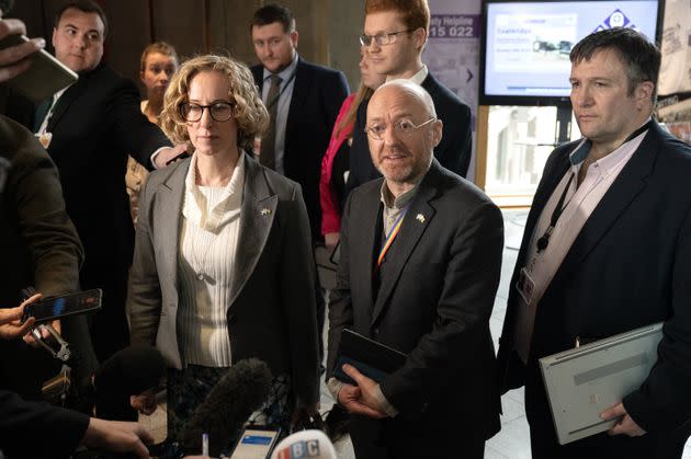 Scottish Green Party co-leaders Lorna Slater and Patrick Harvie speaking to the media at the Scottish Parliament in Holyrood, Edinburgh, after First Minister Humza Yousaf terminated the Bute House Agreement.