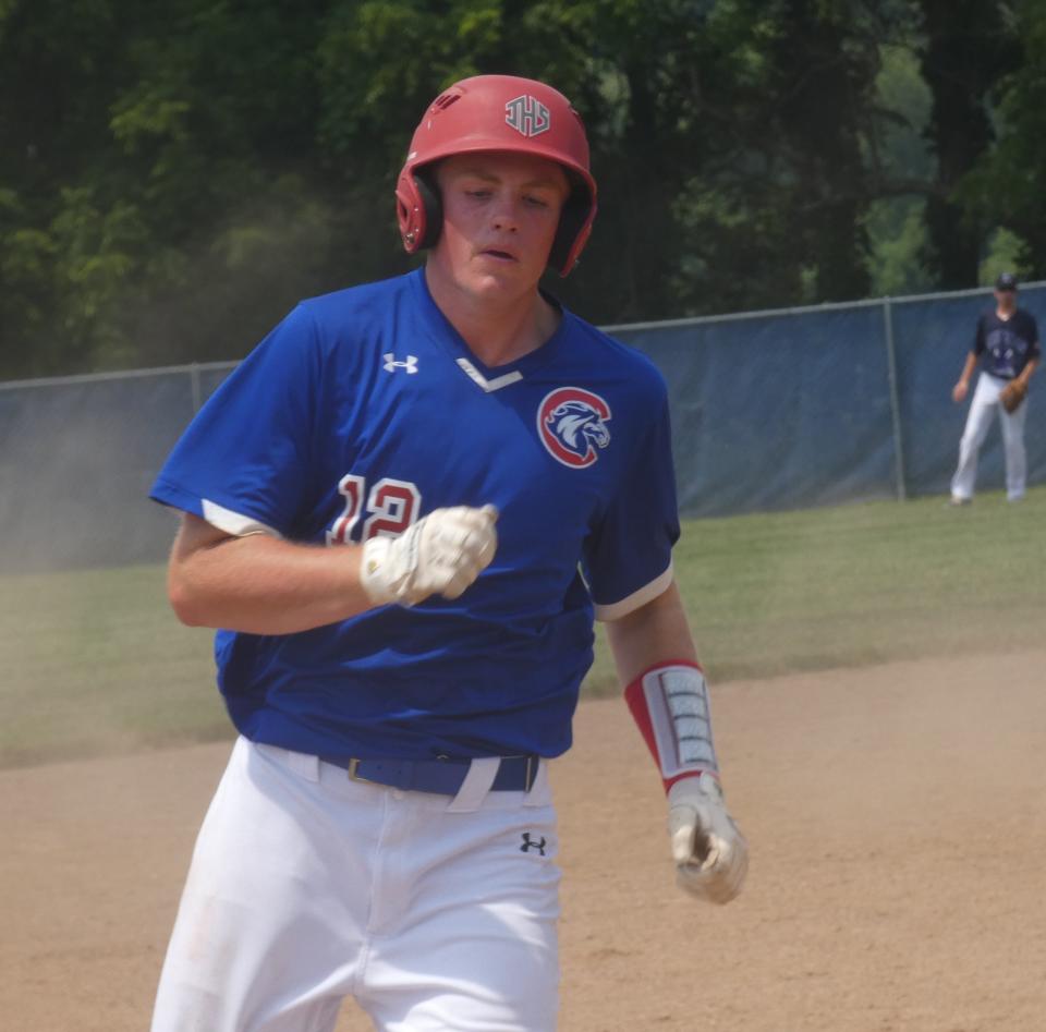 Clay Bruning rounds third base for the Colts Elite Boroff 17U against the host Ohio Dirtbags 16U during the Can of Corn Prospect Tournament at Licking Valley on Friday, July 1, 2022. Bruning's mom April died on Tuesday, and the Johnstown community is rallying around the family.