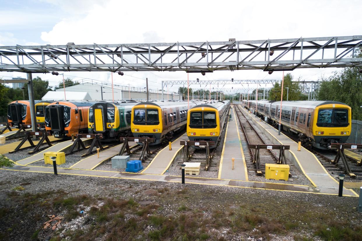 Winson Green, Birmingham, England, August 26th 2023. Parked up and unused West Midlands Railway trains at the Soho train maintenance depot in Birmingham during continued strike action. The industrial action, which is taking place across the country with services including West Midlands Trains, has been timed to coincide with the August Bank Holiday weekend. Pic Credit: Stop Press Media/Alamy Live News