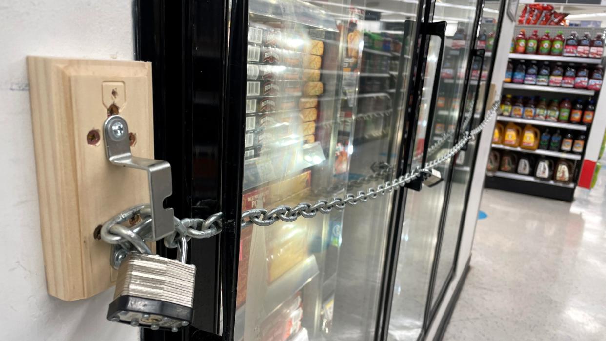  A padlocked freezer at a Walgreens. 