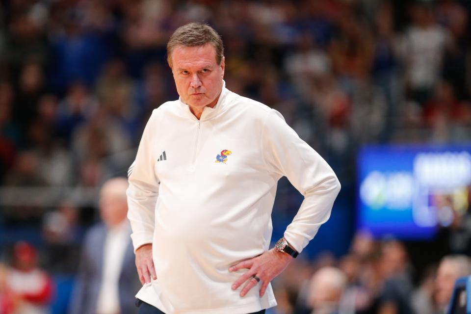 Kansas coach Bill Self looks back at his bench after a play in the second half of Friday’s game against Connecticut inside Allen Fieldhouse.