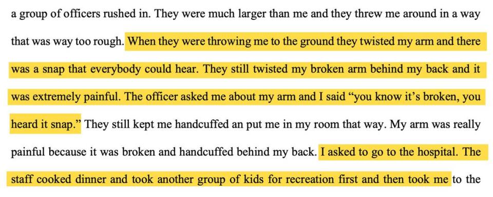 An excerpt from a youth’s sworn statement entered as evidence by the ACLU in a federal suit against the Franklin County detention center in which he relates how his arm was broken by sheriff’s deputies.