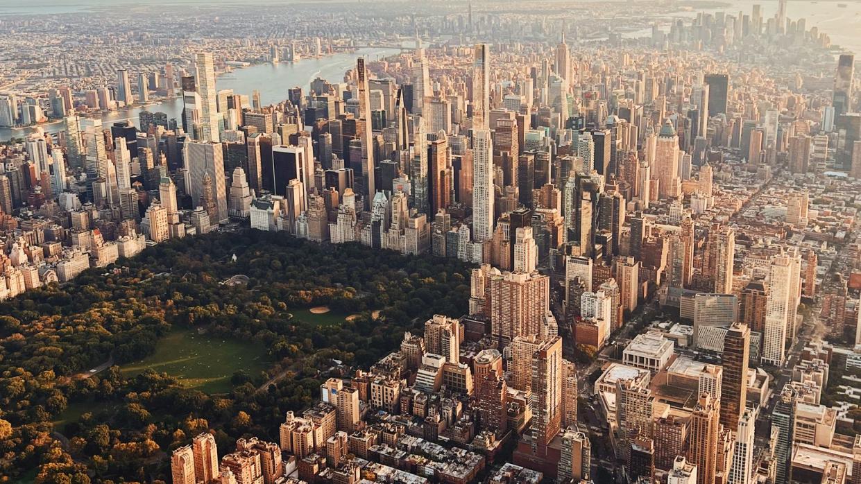 aerial view of new york city skyline at sunset, usa