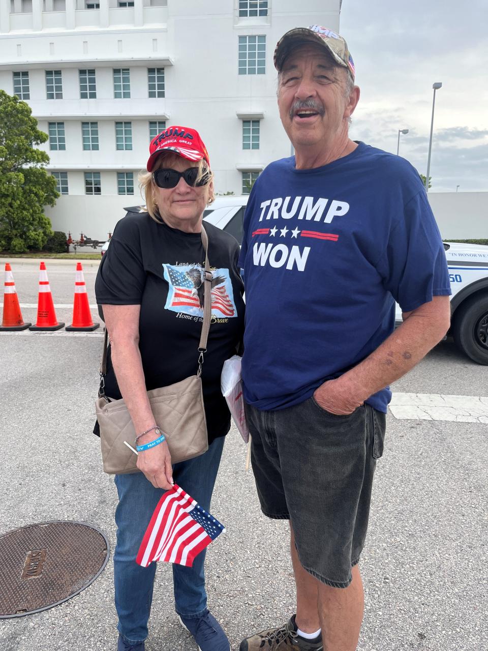 Longtime Donald Trump supporters Glen Bush, 73, and his wife Barbara Bush, 72, of Fort Pierce showed up at the federal courthouse Friday March 1, 2024 to watch the former president arrive at the courthouse. “We are losing the country and he’s going to save it,” Barbara Bush said. “He was the one who was doing good. And they undid everything that he put in place, it’s sad.”