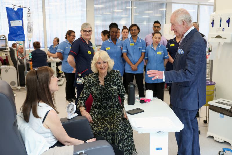 Britain's King Charles and Queen Camilla visit the University College Hospital Macmillan Cancer Centre, in London