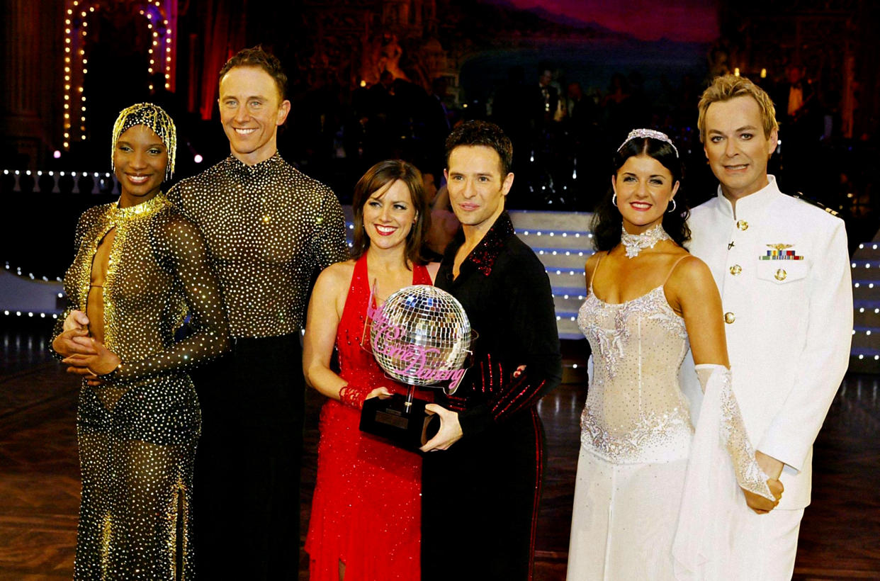 (From left to right) runners-up Denise Lewis and Ian Waite, winners Jill Halfpenny and Darren Bennet, and third placed Erin Boag and Julian Clary, during the final of BBC show Strictly Come Dancing at Blackpool Tower in Blackpool.   (Photo by PA Images via Getty Images)