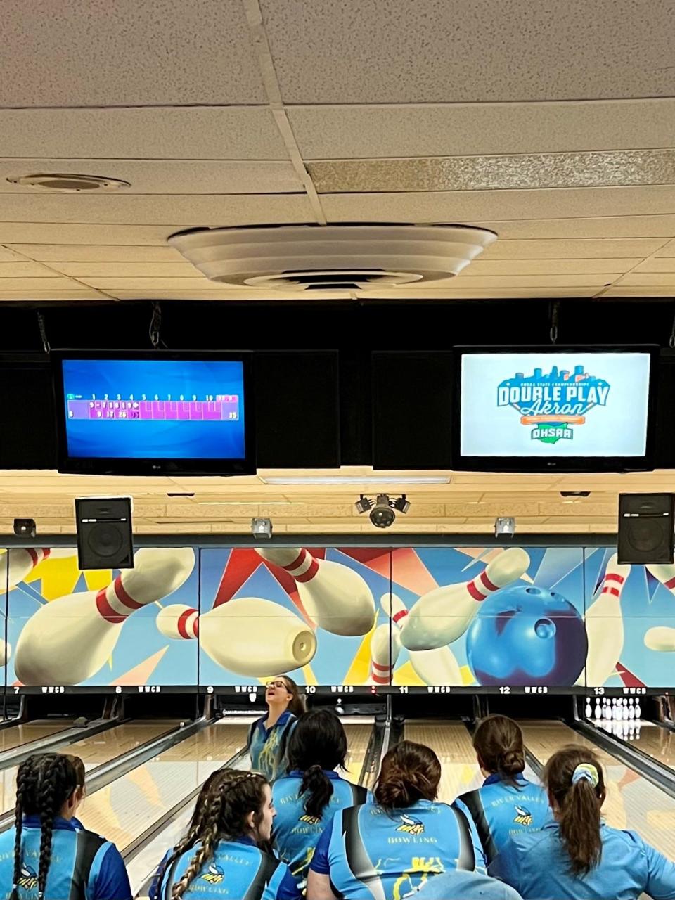 River Valley's Alexis Manning reacts to a shot while her teammates look on during the Division II girls bowling state championships Friday at Wayne Webb's Columbus Bowl.