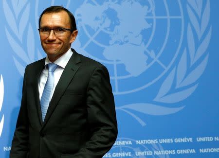 United Nations Special Advisor on Cyprus Espen Barth Eide attends a news conference one day before peace talks on divided Cyprus are to resume in Crans-Montana, in Geneva, Switzerland June 27, 2017. REUTERS/Denis Balibouse