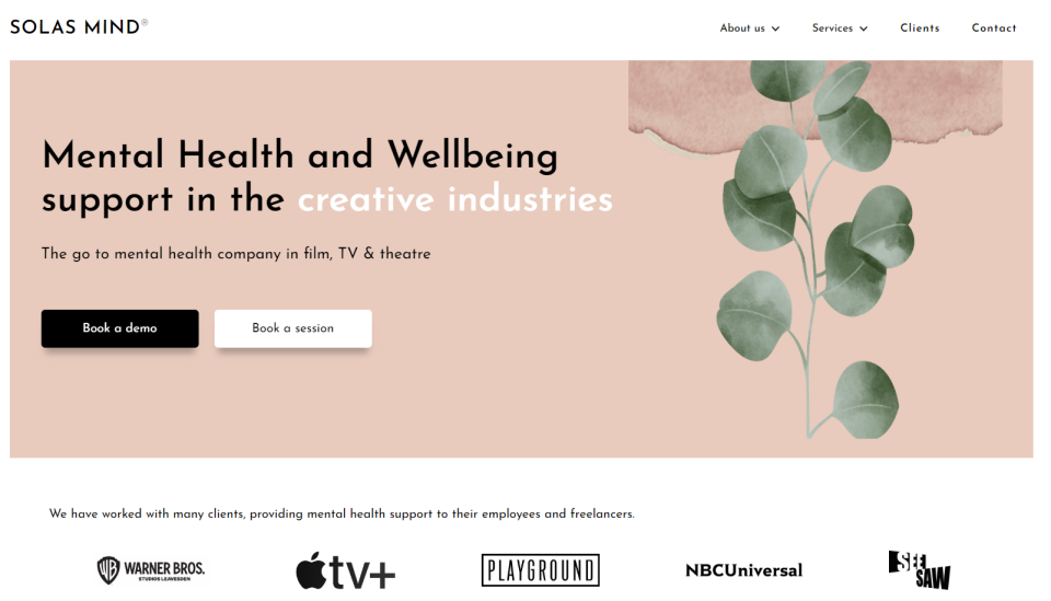 The home page for Solas Mind — a company that provides remote and in-person mental health support services for its clients, which include TV and film productions — accessed on Jan. 26, 2023.