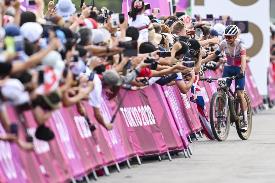 Pidcock celebrates winning gold (Jasper Jacobs/PA) (PA Wire)