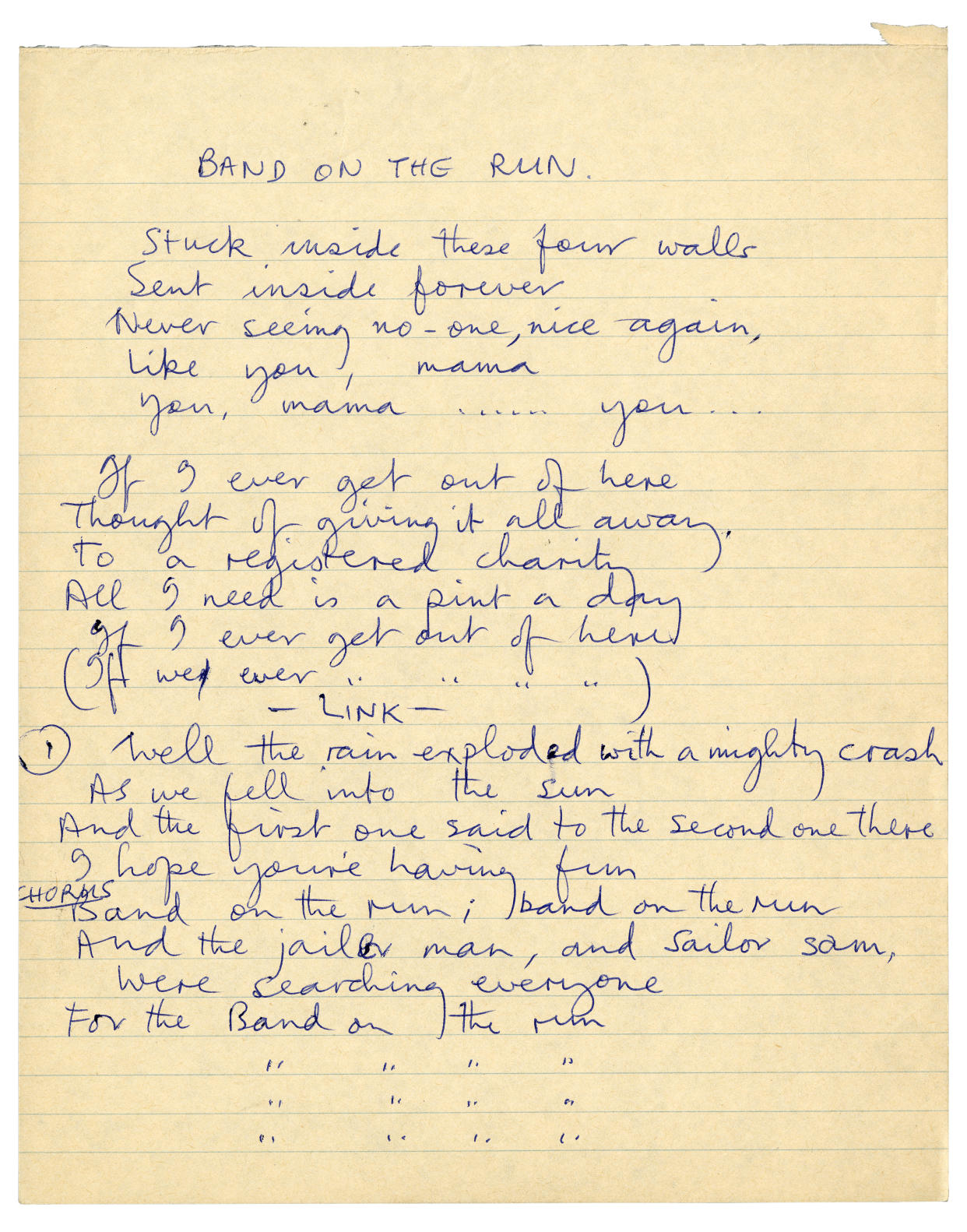 Sir Paul McCartney’s handwritten lyrcis to Band on the Run (Allen Lane/PA)