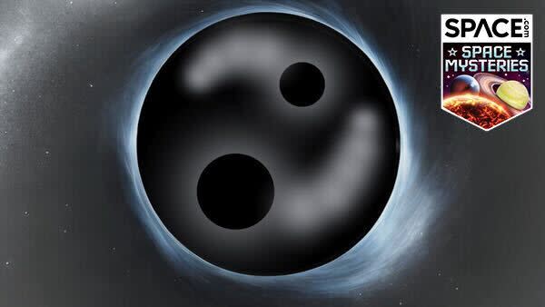     A black hole illustration with two black holes within one. 