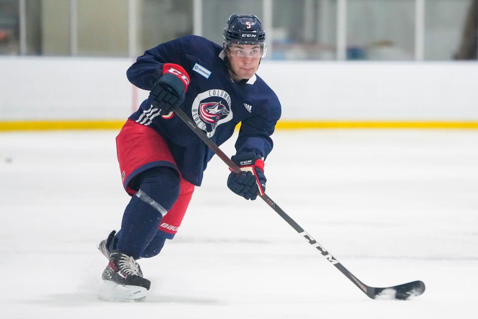 Jul. 12, 2022; Lewis Center, OH USA;  Columbus Blue Jackets defenseman Denton Mateychuk takes a shot during development camp at the OhioHealth Chiller North in Lewis Center on July 12, 2022. Mandatory Credit: Adam Cairns-The Columbus Dispatch