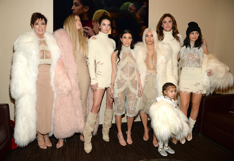 Khloe Kardashian, Kris Jenner, Kendall Jenner, Kourtney Kardashian, Kim Kardashian West, North West, Caitlyn Jenner and Kylie Jenner attend Kanye West Yeezy Season 3 at Madison Square Garden on February 11, 2016 in New York City.  (Photo by Kevin Mazur/Getty Images for Yeezy Season 3)