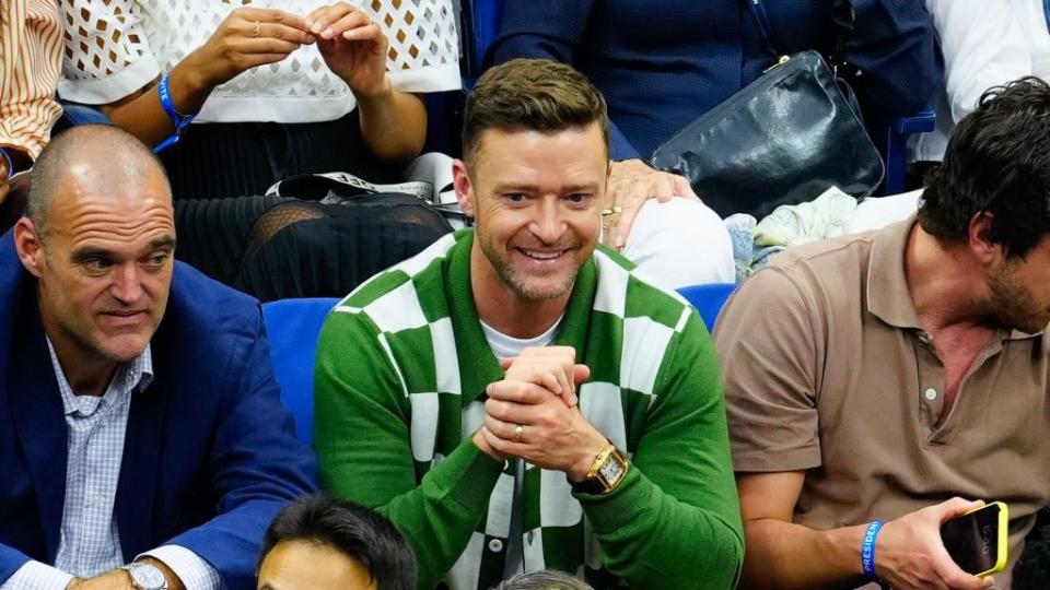 new york, new york september 10 justin timberlake is seen at the mens final match between novak djokovic and danill medvedev at the 2023 us open tennis championships on september 10, 2023 in new york city photo by gothamgc images