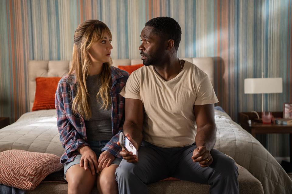 Dave (David Oyelowo) is surprised to find out his wife, whom he knows as Emma (Kaley Cuoco), is an assassin for hire in "Role Play," streaming now on Amazon Prime Video.