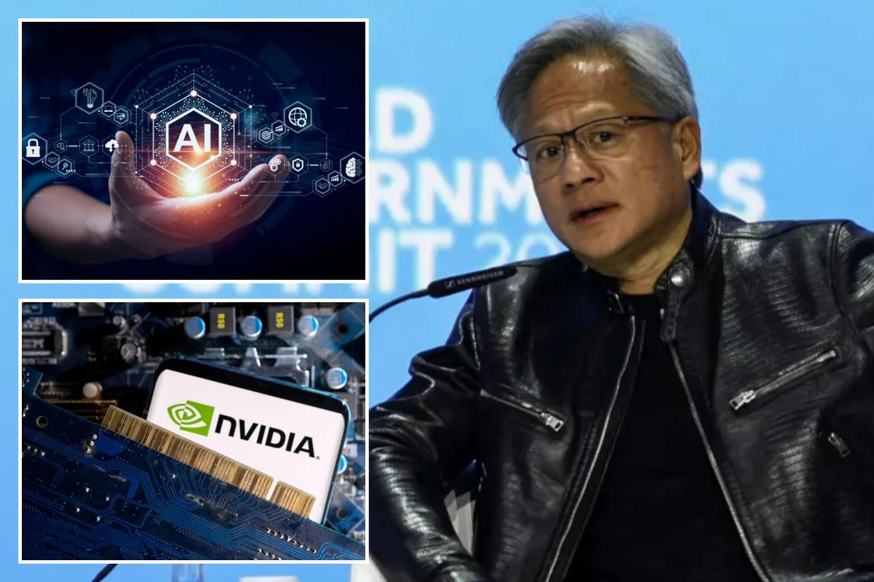 Nvidia CEO Jensen Huang, AI logo and Nvidia logo
