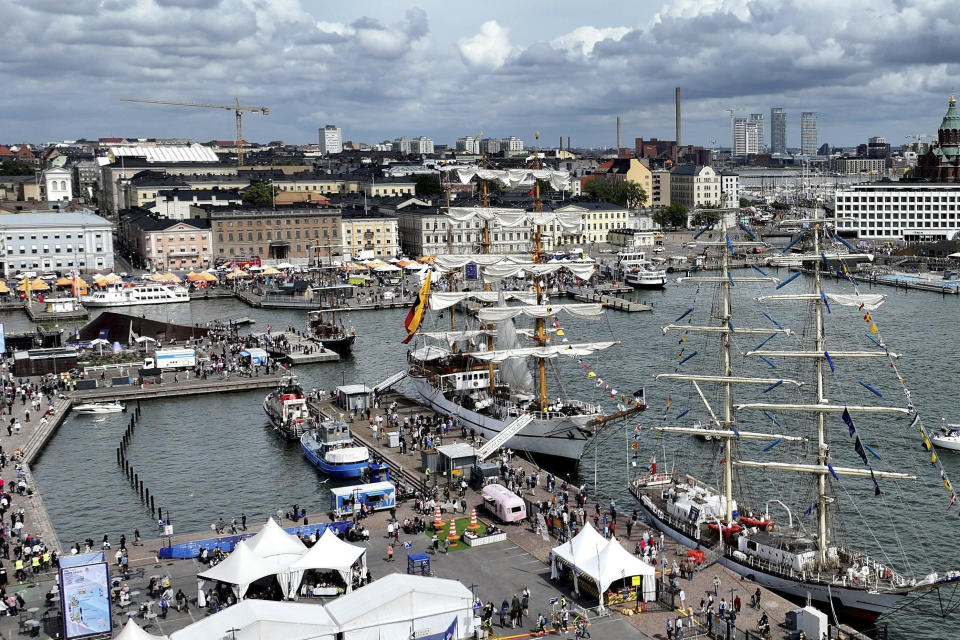 The Tall Ships Races event in Helsinki, Finland, Thursday July 4, 2024. Dozens of impressive classic sailing vessels from 13 different countries currently plying the Baltic Sea arrived at the Finnish capital on Thursday at the end of the first leg of the Tall Ships Races that kicked off from the Lithuanian port city of Klaipeda late June. (Jussi Nukari/Lehtikuva via AP)