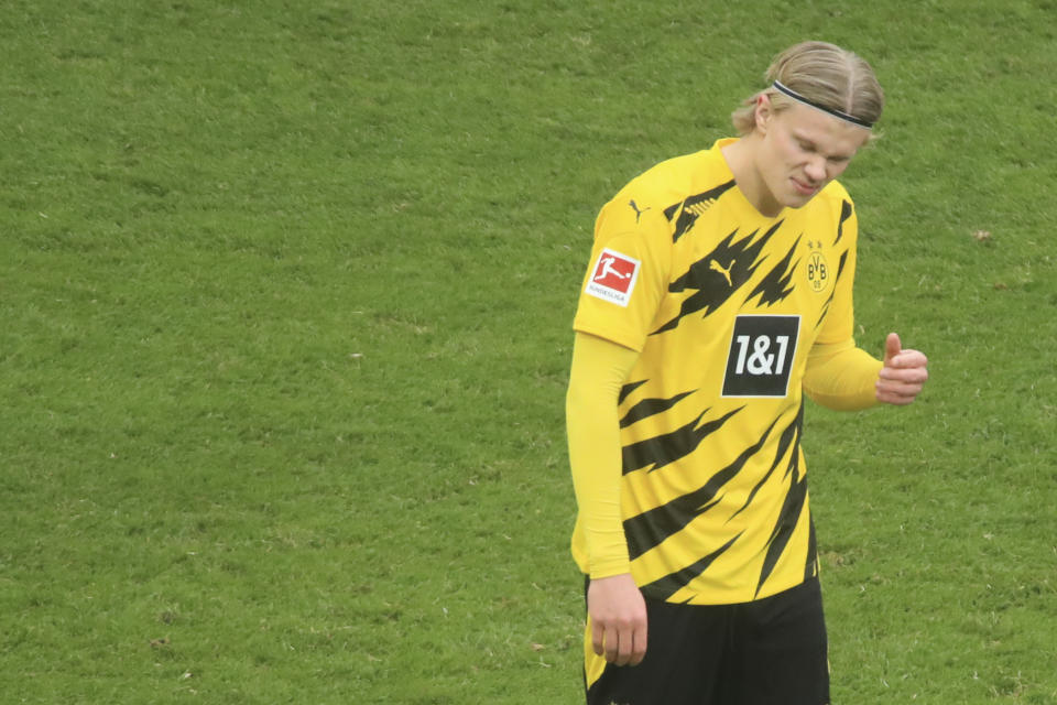 Erling Haaland del Borussia Dortmund durante el partido contra Colonia por la Bundesliga, el sábado 20 de marzo de 2021. (Thilo Schmuelgen/Pool vía AP)