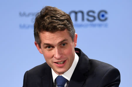 FILE PHOTO: British Defense Secretary Gavin Williamson speaks during the annual Munich Security Conference in Munich, Germany February 15, 2019. REUTERS/Andreas Gebert/File Photo