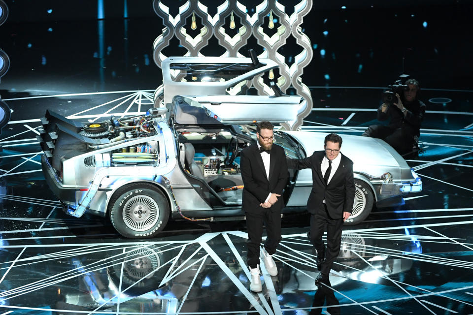 Michael J. Fox and Seth Rogen speak onstage during the 89th Annual Academy Awards at Hollywood &amp; Highland Center on Feb. 26, 2017 in Hollywood, California.&nbsp;