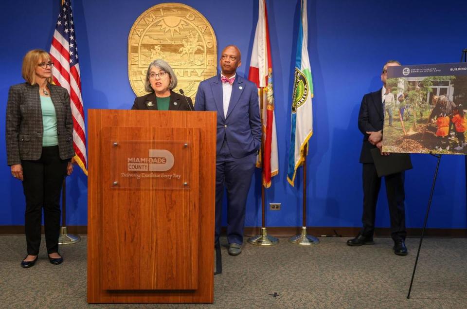 Miami-Dade County Mayor Daniella Levine Cava, left, reveals the county’s first spending plan above $11 billion during a press conference at the Stephen P. Clark Government Center with Commissioner Oliver G. Gilbert, right, stands near on Monday, July 17, 2023. From left to right: Eileen Higgins, District 5, Mayor Levine Cava, and Chair Oliver G. Gilbert III, District 1, right.