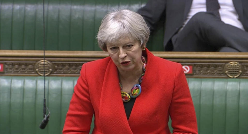 In this screengrab provided by the House of Commons, Britain's Former prime minister Theresa May speaks during the debate in the House of Commons on the EU (Future Relationship) Bill in London, Wednesday, Dec. 30, 2020. The European Union’s top officials have formally signed the post-Brexit trade deal with the United Kingdom, as lawmakers in London get set to vote on the agreement. (House of Commons via AP)