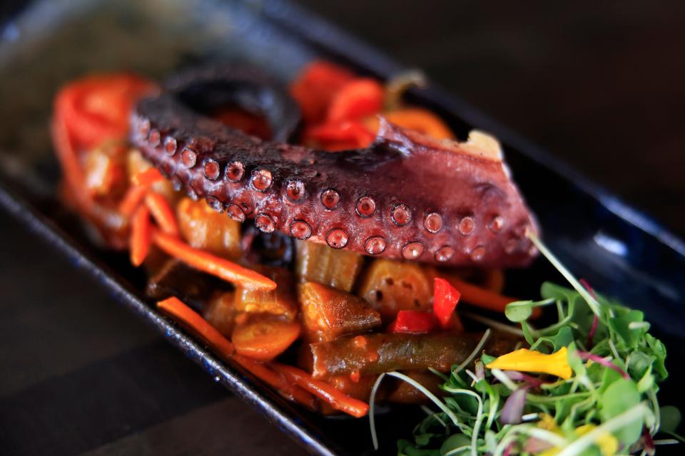 A seared octopus dish is among the signature offerings on the menu of Pink Salt Restaurant + Veveta Tapas, also known as Vevetas Tapas by Pink Salt in the Lakewood neighborhood of Jacksonville.