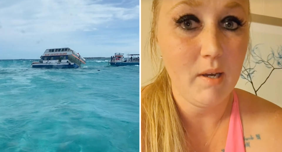 Left, the 'Blue Lagoon Island' boat visibly on its side on the water. Right, Kelly Schissel speaks to camera after the incident. 