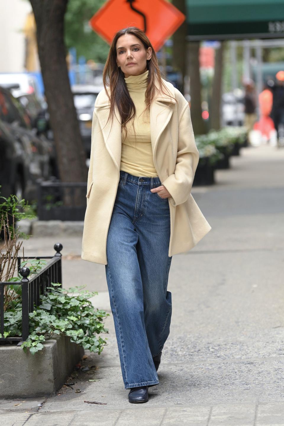 Katie Holmes wears autumn classics on October 3, 2024, in New York City.