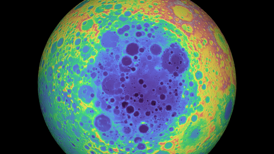 A topographic image of the Moon, showing the South Pole-Aitkin basin, a large region colored blue toward the South Pole.