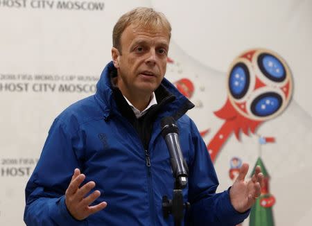 FILE PHOTO: FIFA Chief Competitions and Events Officer Colin Smith attends a news conference during a visit to the Luzhniki Stadium, which will host matches of the 2018 FIFA World Cup, in Moscow, Russia October 5, 2017. REUTERS/Sergei Karpukhin