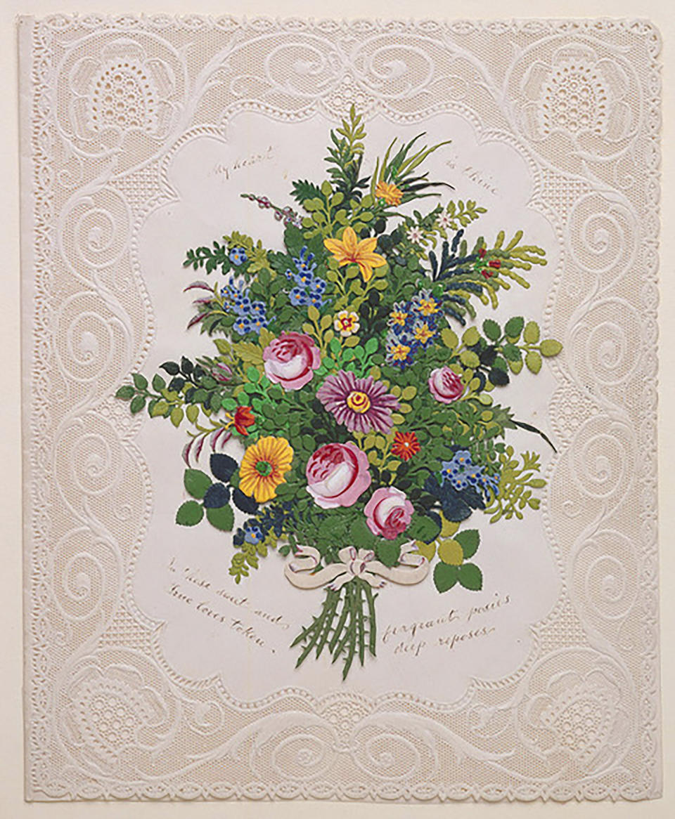 This image released by The Cooper Hewitt Smithsonian Design Museum shows a Valentine's Day card made of machine cut paper, decoupage on a paper doily from the 19th century. The boom in commercial Valentine’s Day cards really began in the mid-1800s and was a reflection of changing courtship patterns, says Elizabeth White Nelson, associate professor of history at University of Nevada, Las Vegas. (Cooper Hewitt, Smithsonian Design Museum via AP)