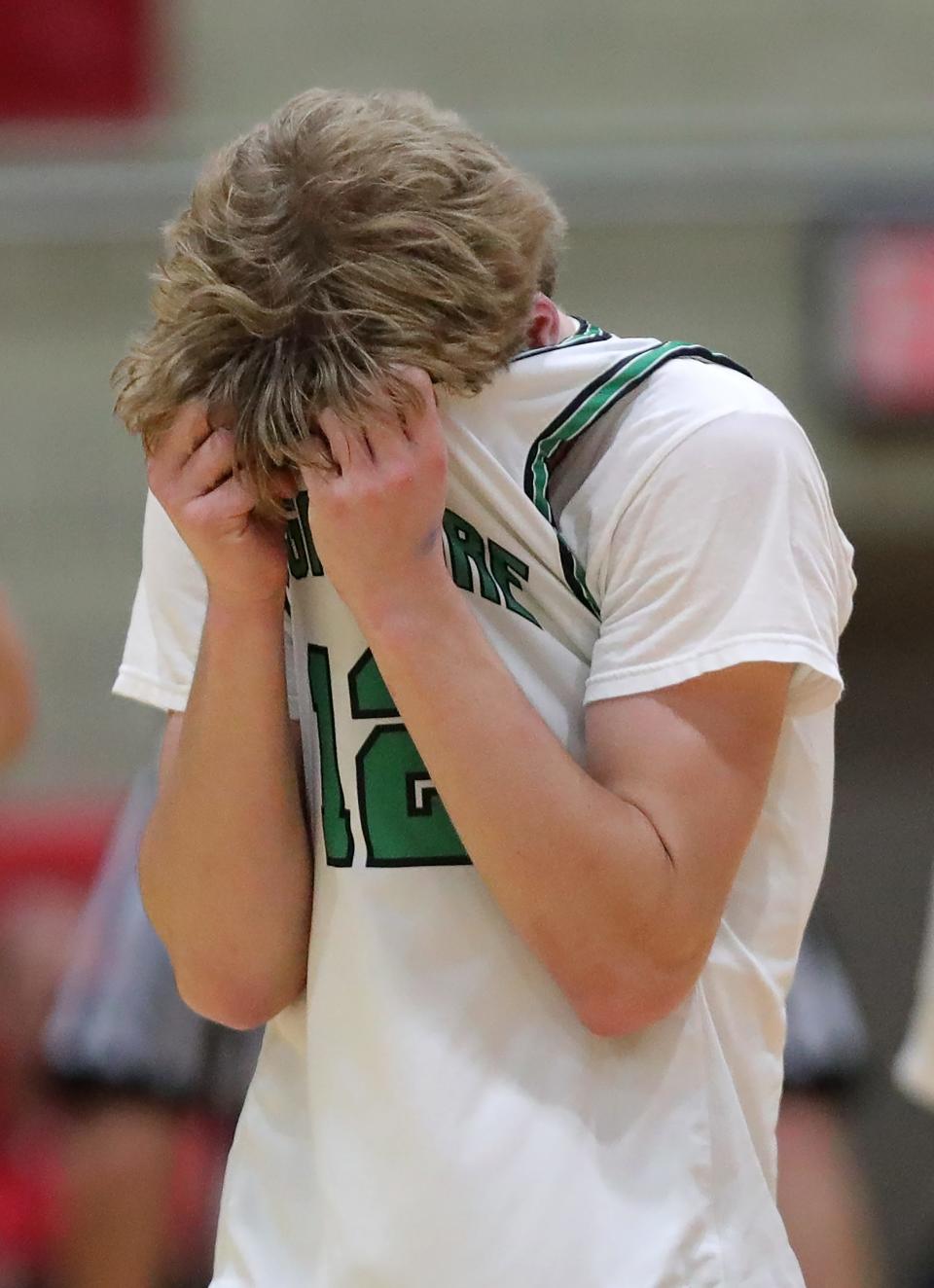 Mogadore senior guard Layne Miller reacts after losing to Dalton in a Division IV district semifinal basketball game at Struthers Fieldhouse, Monday, March 4, 2024, in Struthers, Ohio.