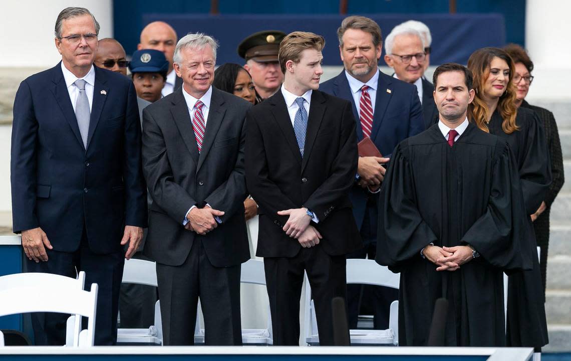 Former Florida Gov. Jeb Bush, far left, attends Gov. Ron DeSantis’ inauguration ceremony at the historic Florida Capitol on Tuesday, Jan. 3, 2023, in Tallahassee.