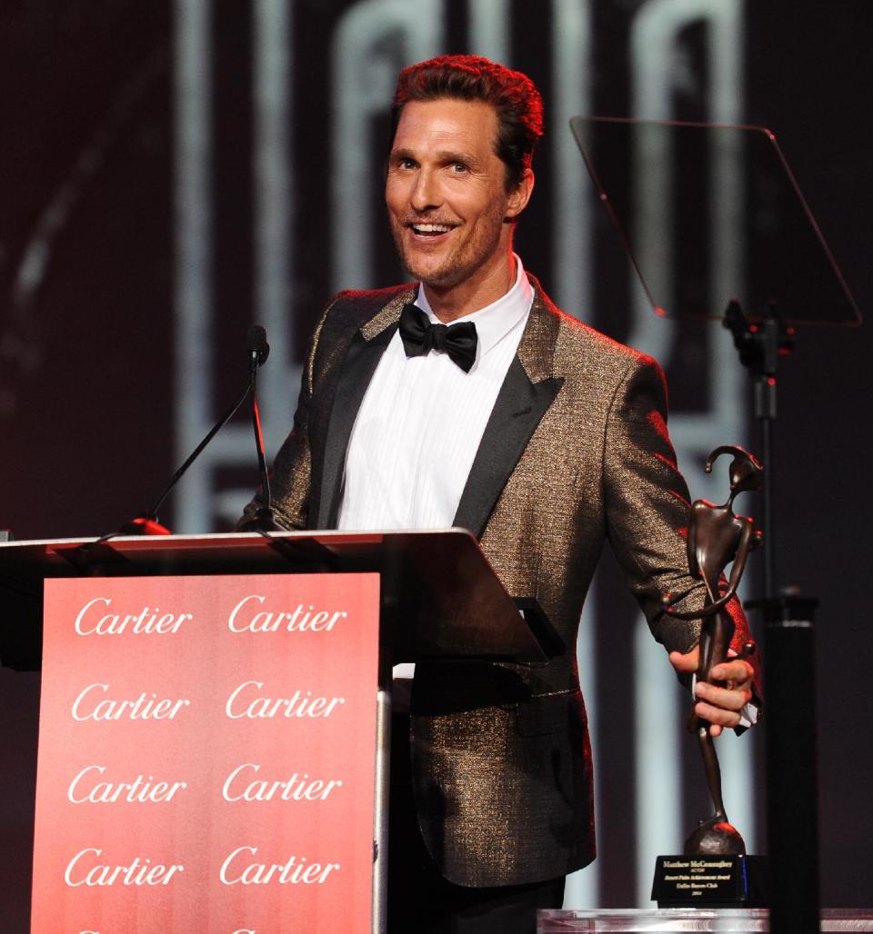 Matthew McConaughey accepts the Desert Palm achievement award - actor for "Dallas Buyers Club" at the Palm Springs International Film Festival Awards Gala at the Palm Springs Convention Center on Saturday, Jan. 4, 2014, in Palm Springs, Calif. (Photo by Frank Micelotta/Invision/AP)