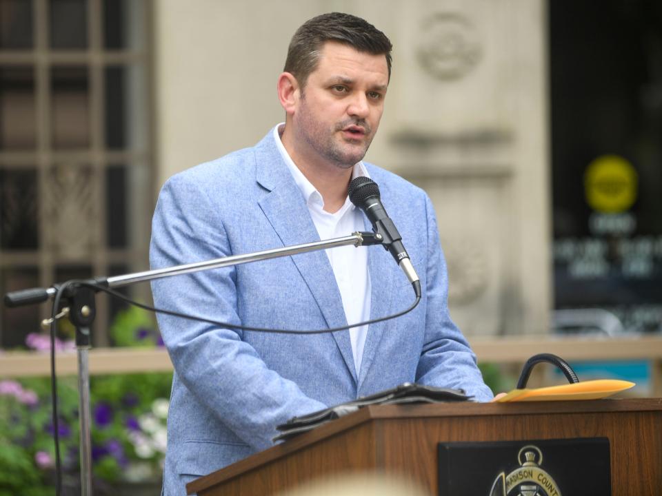 Madison County Mayor A.J. Massey speaks during the Pray4TN Demonstration outside Madison County Courthouse in Jackson, Tenn., on Monday, July 8, 2024.